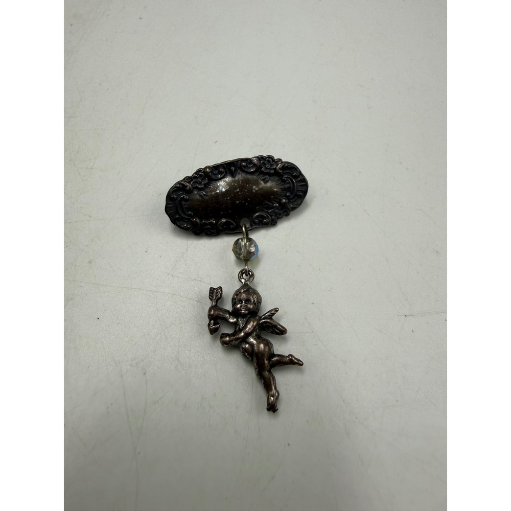 Vintage Silver Tone Cherub Angel Brooch Iridescent AB Bead Dangle Cupid Pin